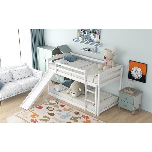 slide 2 of 12, Low Floor Kids Bunkbeds, White Twin over Twin with Ladder, Slide White - Twin
