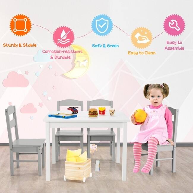 Kids 5 Pieces Table and Chair Set Wooden Children Activity Playroom Furniture Gift - table: 26" x 22" x 19" (L x W x H)