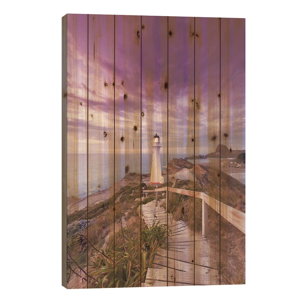 New Zealand, North Island, Castlepoint. Castlepoint Lighthouse I Print On Wood by Walter Bibikow - Multi-Color