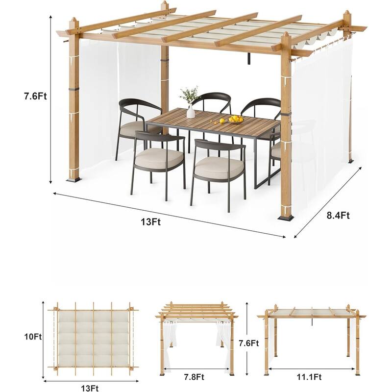 10*13FT mesh aluminum flower stand, imitation wood grain column, off-white curtain, white mesh