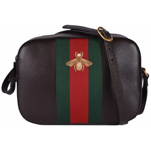 Shop Gucci Women&#39;s 412008 Brown Leather Red Green Web BEE Crossbody Purse Bag - Free Shipping ...