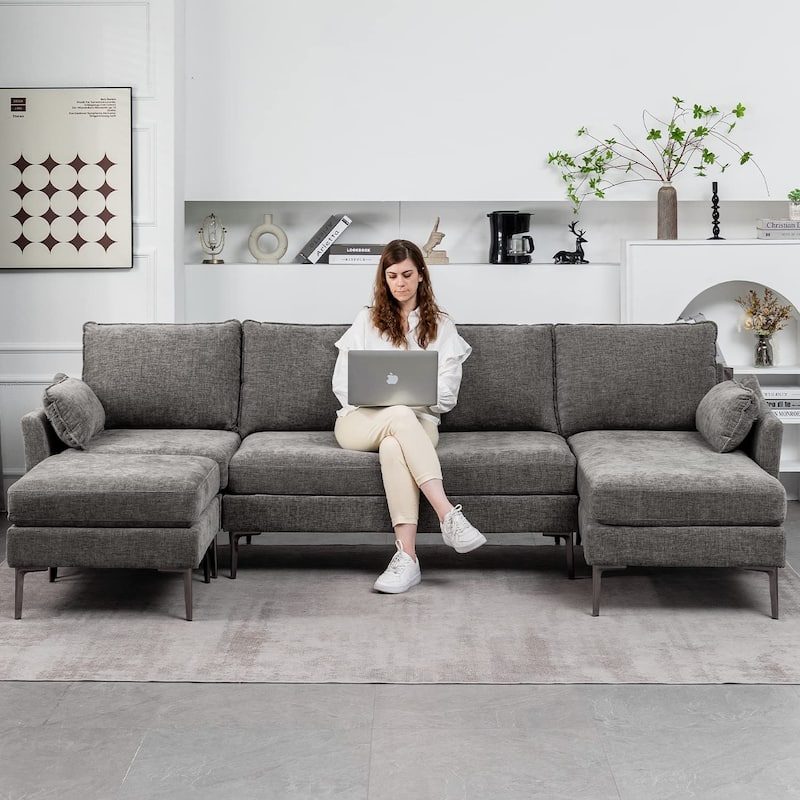 EROMMY U Shaped 6-seat Sectional Sofa Couch, Reversible Sleeper in Modern Chenille Design, with Chaise Lounge and Ottoman