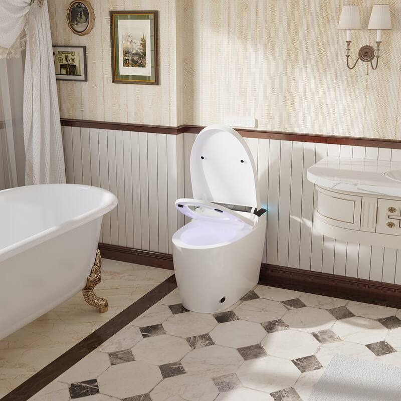 Smart One-Piece Toilet with Built-in Bidet, Heated Seat, Auto Open Lid, UV-C Sterilization, Remote Control, White
