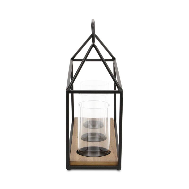 15" Black Metal Glass And Wood Geometric Three Light Hurricane Candle Holder