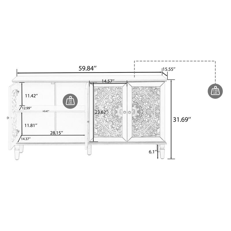 Roomfitters 60" Antique Buffet Cabinet, Floral Carved 4-Door Sideboard with Solid Wood Legs & Brass Handles