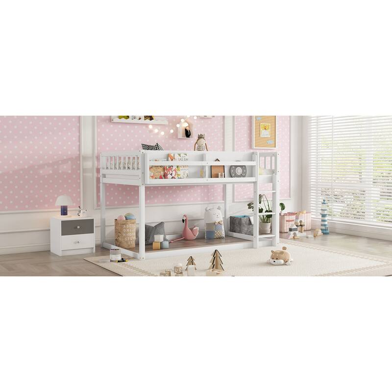 Roomfitters Twin Over Twin Bunk Bed, Low Floor Loft Platform Bed and Shelf with Wooden Frame for Bedroom