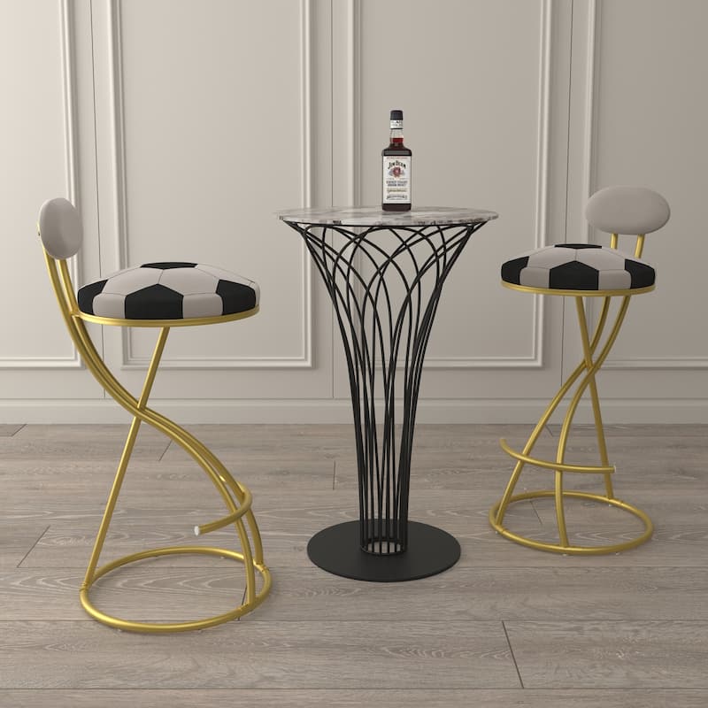 Upholstered S-shaped Barstools Set of 2 Velvet Counter Bar Stools Football Print Round Dining Stool - Gold+Creamy White