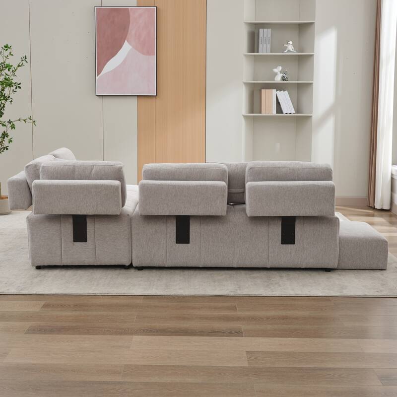 Grey 91.73" L-Shaped 4-Seat Sofa with Hidden Stools