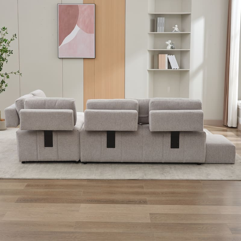 Grey 91.73" L-Shaped 4 Seater Sectional Sofa with 2 Hidden Stools, 2 Removable Lumbar Pillows, and Durable Chenille Upholstery
