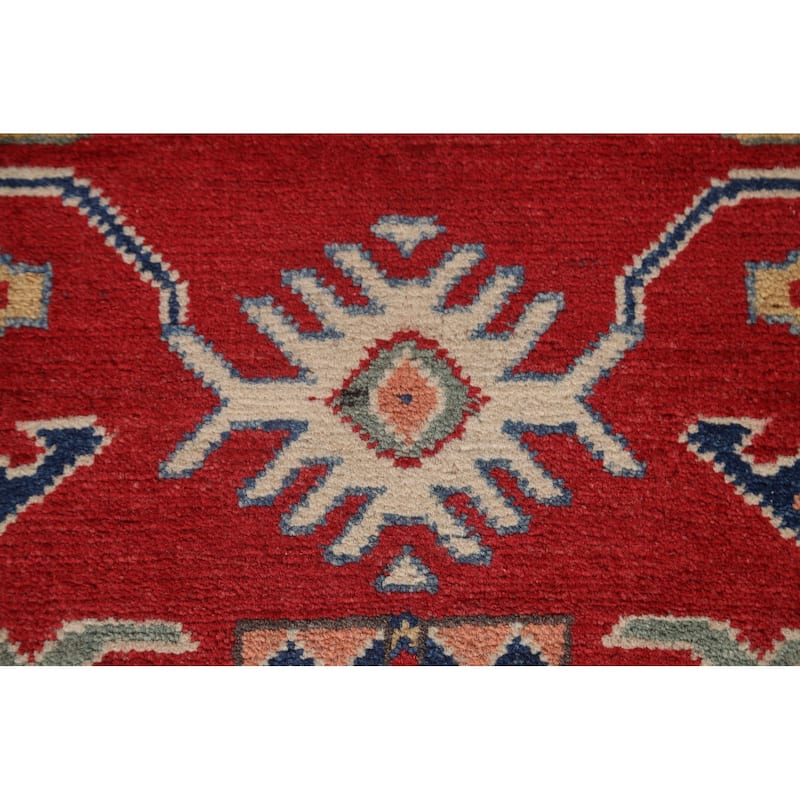 Red Geometric Kazak Oriental Traditional Wool Runner Rug Hand-knotted - 2'8" x 9'8"