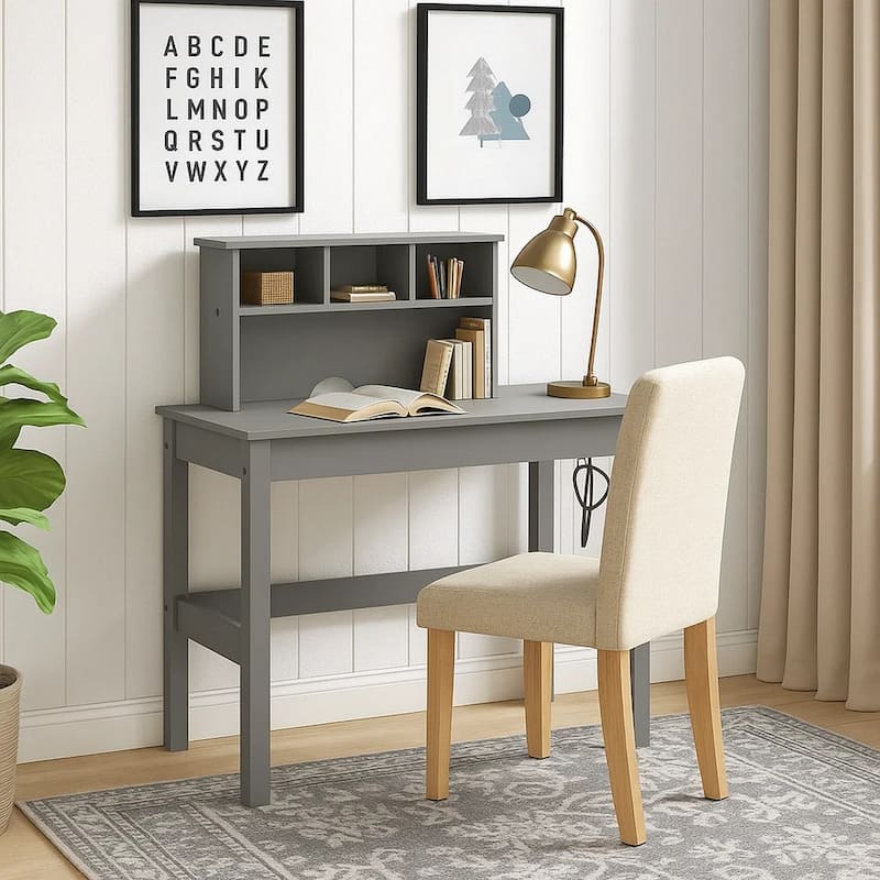 Writing Desk with Wooden Frame and Open Compartments, Gray