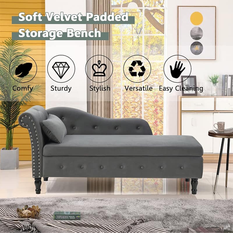 60"W Velvet Tufted Chaise Lounge, Storage Chaise Sofa, Solid Wood Leg - 25"D x 60"W x 27"H