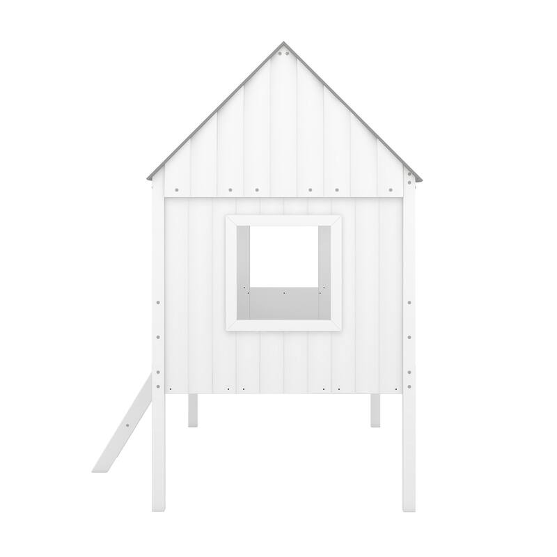 Twin Size Low Loft Bed House Bed with Roof, Side Windows, Ladder and Safety Guardrail, Playhouse Bed with Wood Frame for Kids