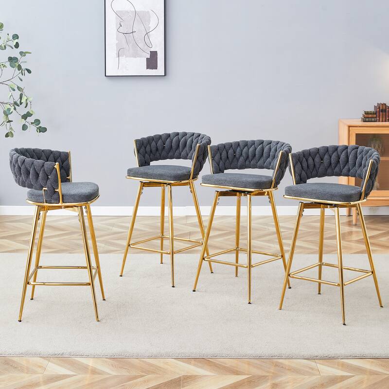 Four-piece rotating swivel chair, black cotton and linen soft seat surface, golden metal legs, rust-proof and wear-resis