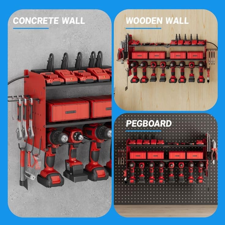Power Tool Organizer with Charging Station Garage 8 Drill Holders Wall Mount with 8 Outlets Power Strip