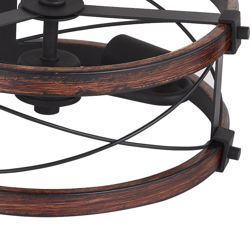 2-Light Black and Vintage Wood Rustic Semi-Flush Mount Ceiling Light - 15 in. W