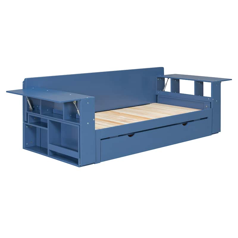 Queen Size 4-in-1 Daybed with Storage Drawers Desk Hydraulic Armrests