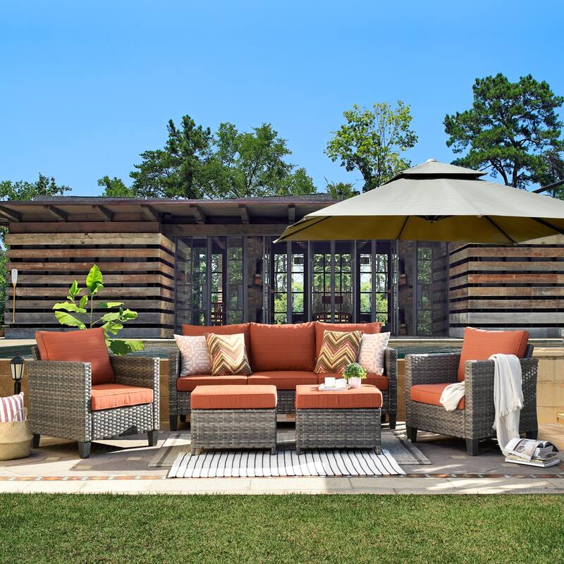 OVIOS Patio Furniture Wicker 5-piece Outdoor High-back Sectional Set - Red/Black frame