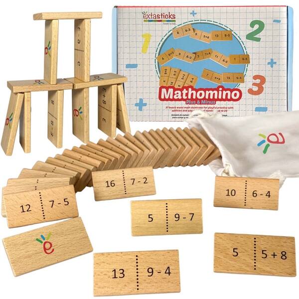 slide 2 of 5, Extasticks Mathomino Plus & Minus up to 20 Addition & Subtraction Wooden Math Domino Game Wooden - Kids
