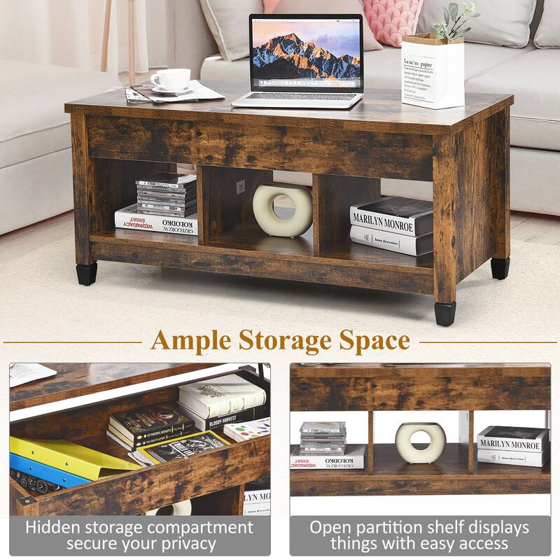 Modern Lift Top Coffee Table with Storage and Solid Wood Legs - 41" x 19.5" x (19" - 24.5")