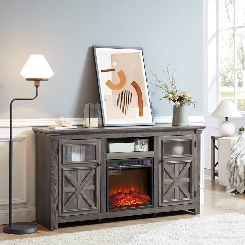 Farmhouse TV Stand, Media Stand With Fireplace Insert, Barn Design, and Adjustable Shelves, for Living Rooms and Bedrooms, Grey