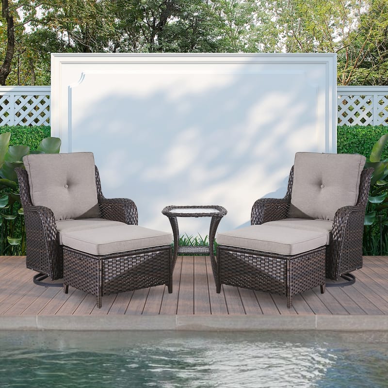 Gymojoy 5-piece Outdoor Wicker Swivel Rocking Chair Table with Ottoman - Brown/Grey