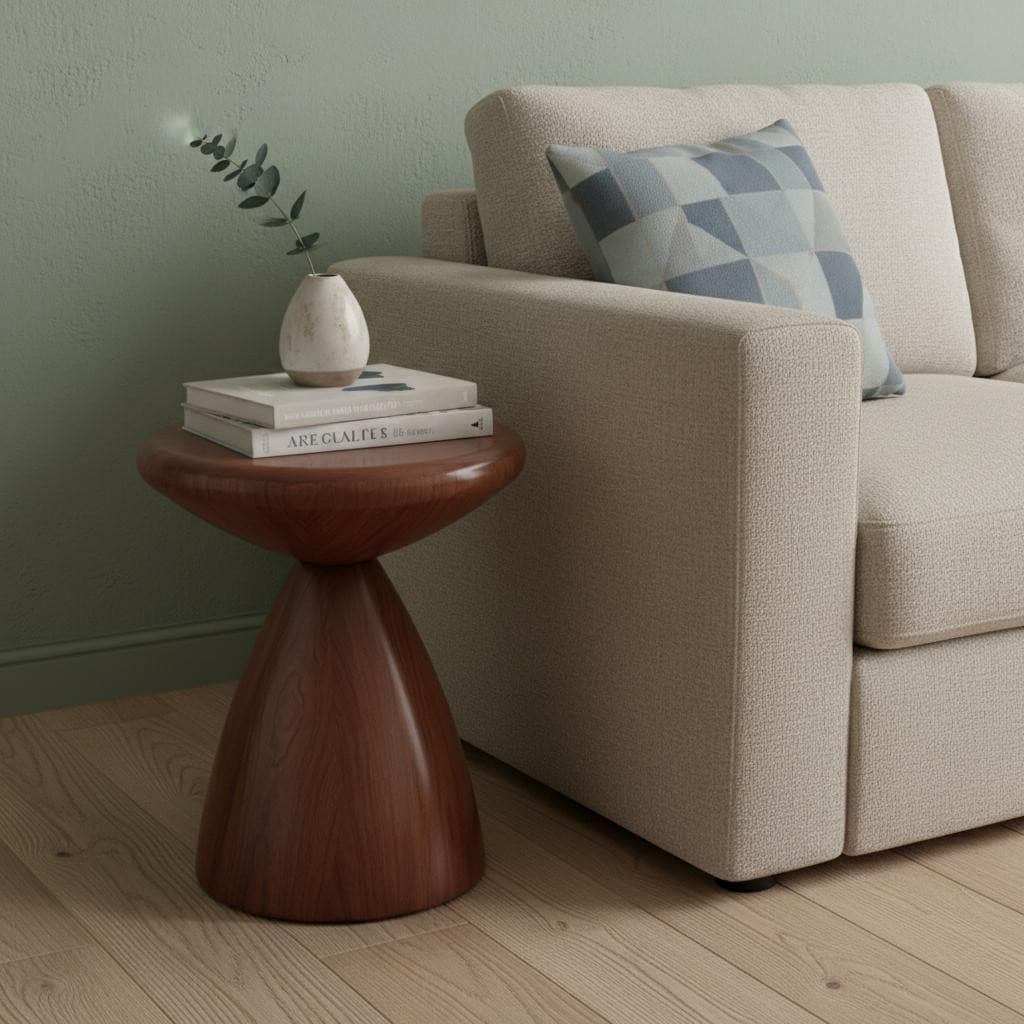 HomeRoots 18" Walnut Steel Cinched High Waist Round Pedestal End Table - 15.00 in. x 18.00 in. x 15.00 in.