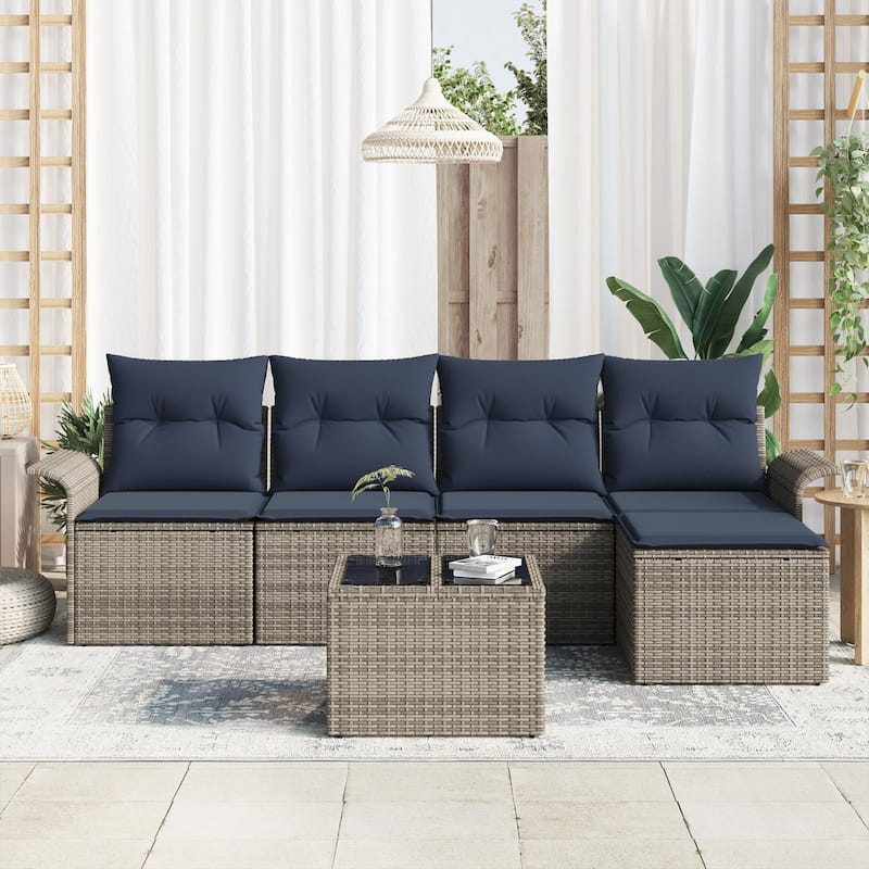 vidaXL 5/6-Seater Garden Sofa with Cushions Black/Brown/Grey Poly Rattan - 24.4 x 98.8 x 27.2