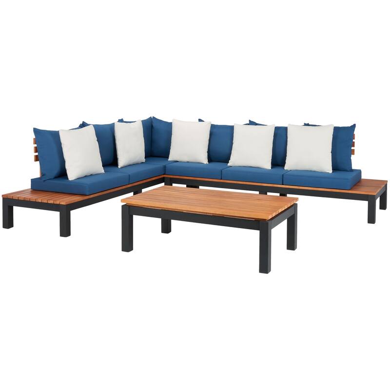 SAFAVIEH Outdoor Tuulevi 3-Piece Living Set - 83W x 28D x 25H - Natural/Black Leg/Navy/Beige