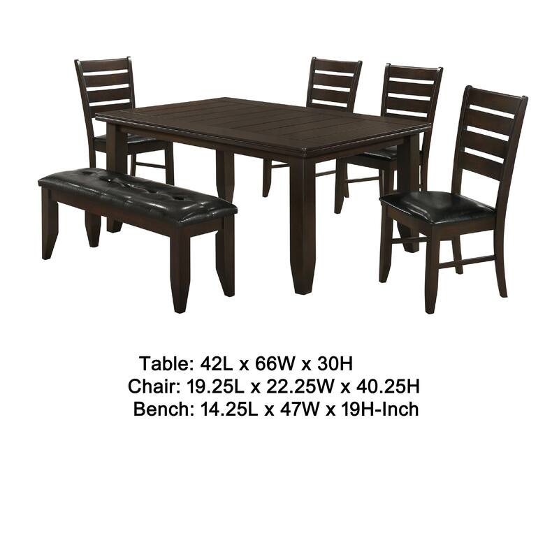 Diyi 6pc Dining Table 4 Chairs and Bench Set, Brown Faux Leather