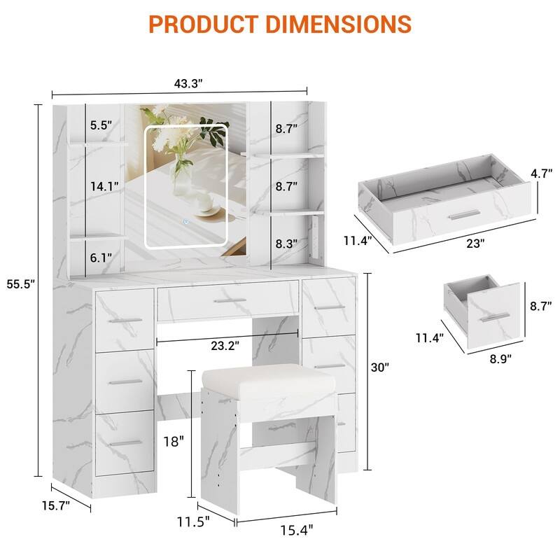 Vanity Desk with LED Lighted Mirror and Stool, 7 Drawers, 6 Open Shelves
