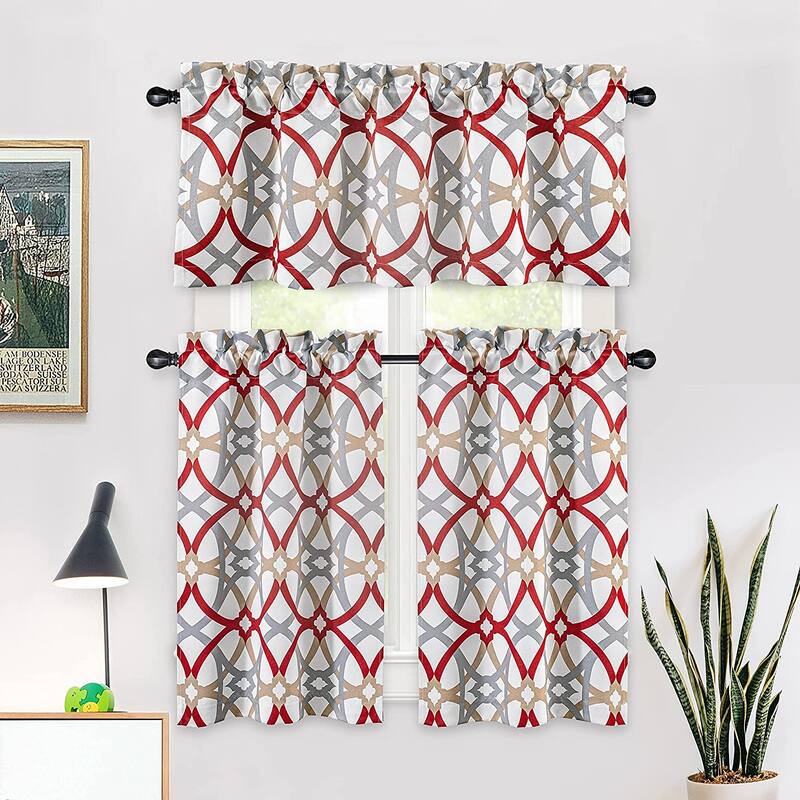 DriftAway Alexander Spiral Geo Trellis Pattern 3 Pieces Kitchen Set - 52''×18''×1+26''×36''×2 - Red Gray