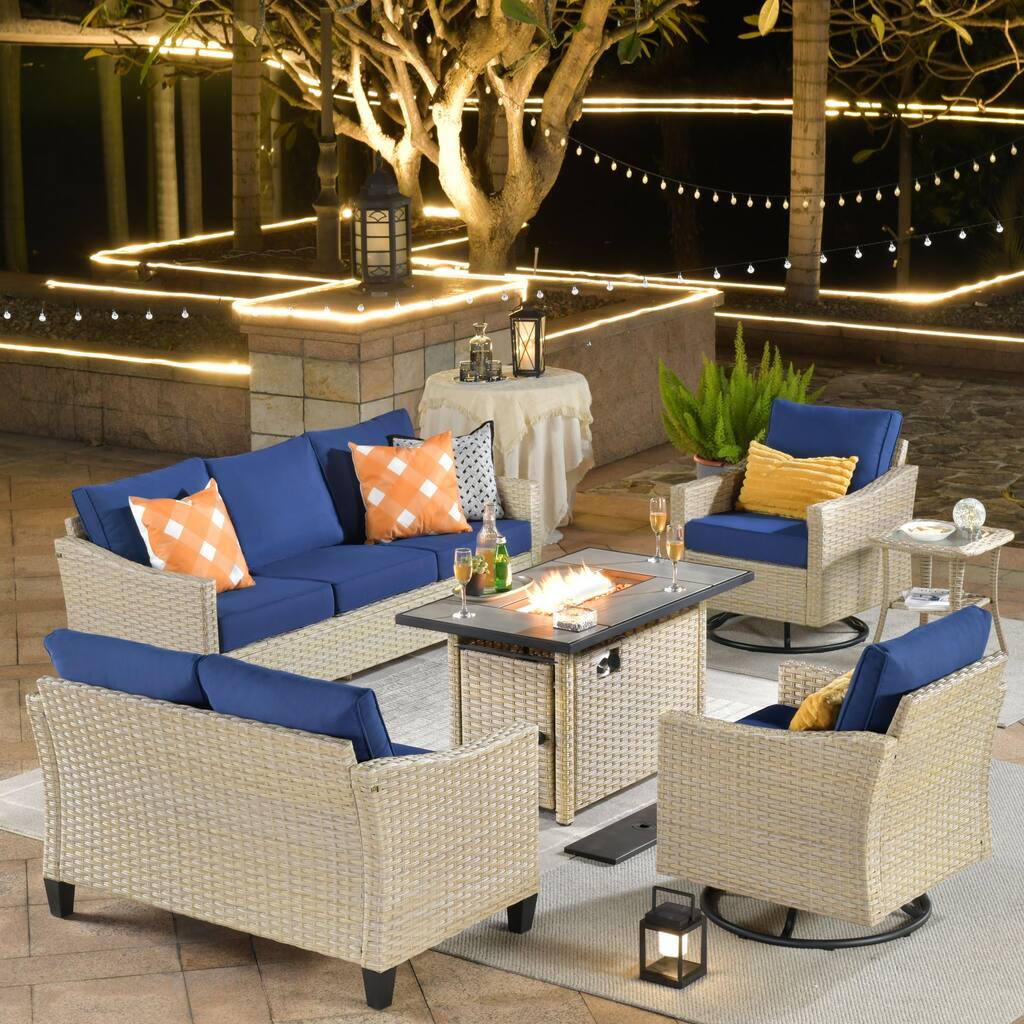 HOOOWOOO 6-piece Wicker Patio Furniture Sofa Set with Fire Pit Table