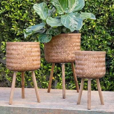 11/13/15" Bamboo Planters on Wooden Stand,Set of 3