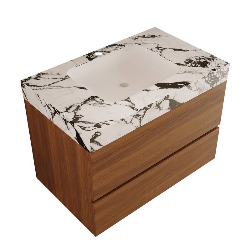 GDFStudio - Modern 31.5" Wall-Mounted Bathroom Vanity with Sintered Stone Top, Ceramic Undermount Sink & Soft-Close Drawers