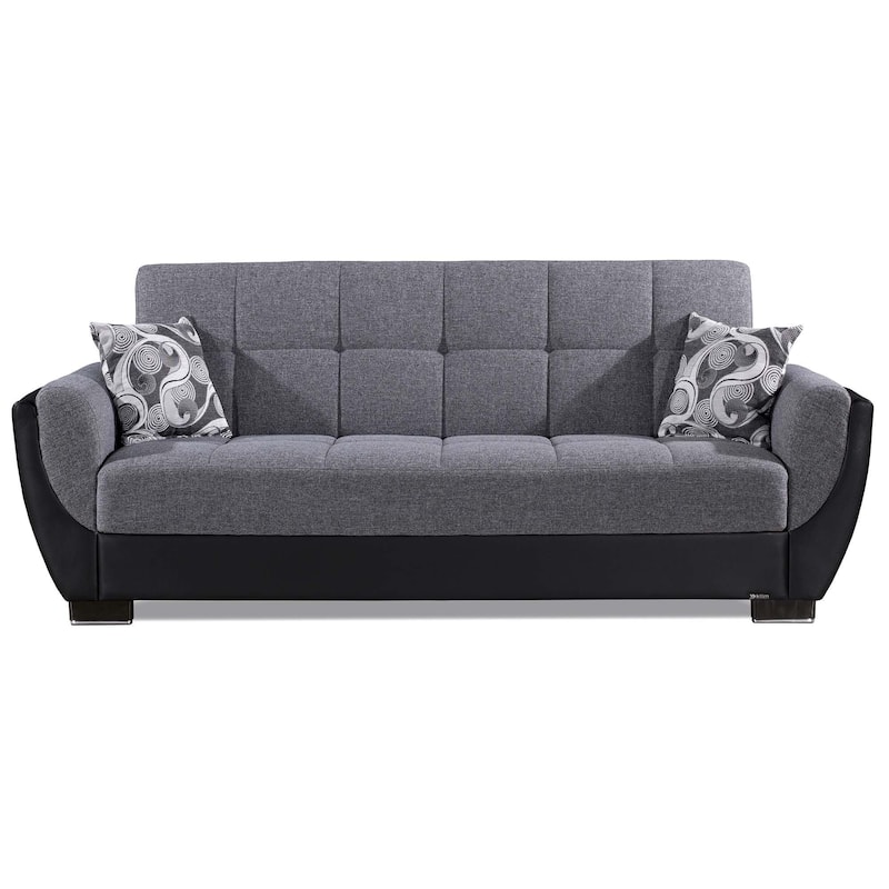 HomeRoots 93" Black And Gray Chenille And Faux Leather Convertible Futon Sleeper Sofa With Toss Pillows And Storage