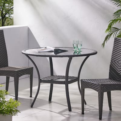 40 Inch Grey Rattan Bistro Table Glass Top Iron Frame Outdoor