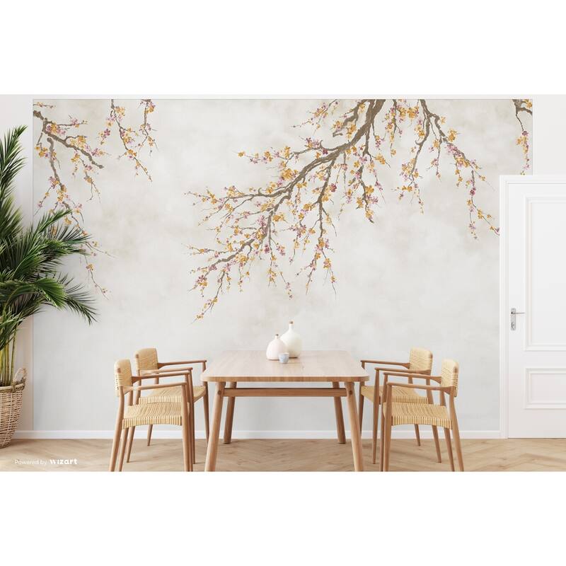 Elegant Cherry Blossom Branch Wallpaper Mural – Minimalist Floral Design for Serene Interiors