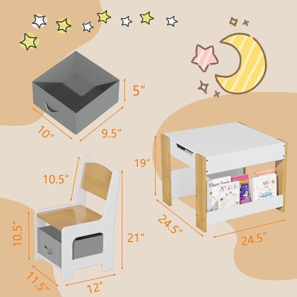 dimension image slide 0 of 2, Kids Table and Chair Set, 4 in 1 Children Activity Table & 2 Chairs with Storage Drawer Detachable Tabletop