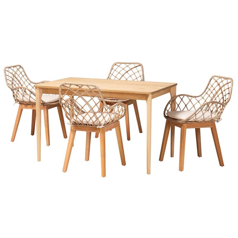Ballerina Modern Bohemian Finished Wood and Rattan Dining Set - Greywash, Natural Oak, White - 5-Piece