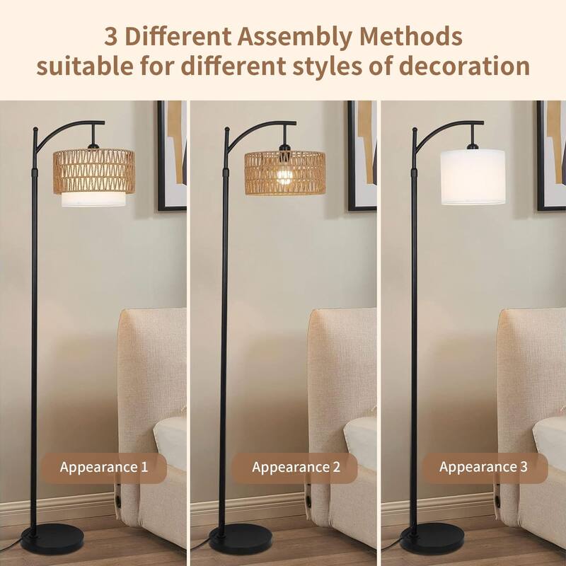 Arc Floor Lamp with 3 Color Temperatures,Rattan with Remote Control,Black Dimmable Standing Lamp with Wicker Lamp Shades