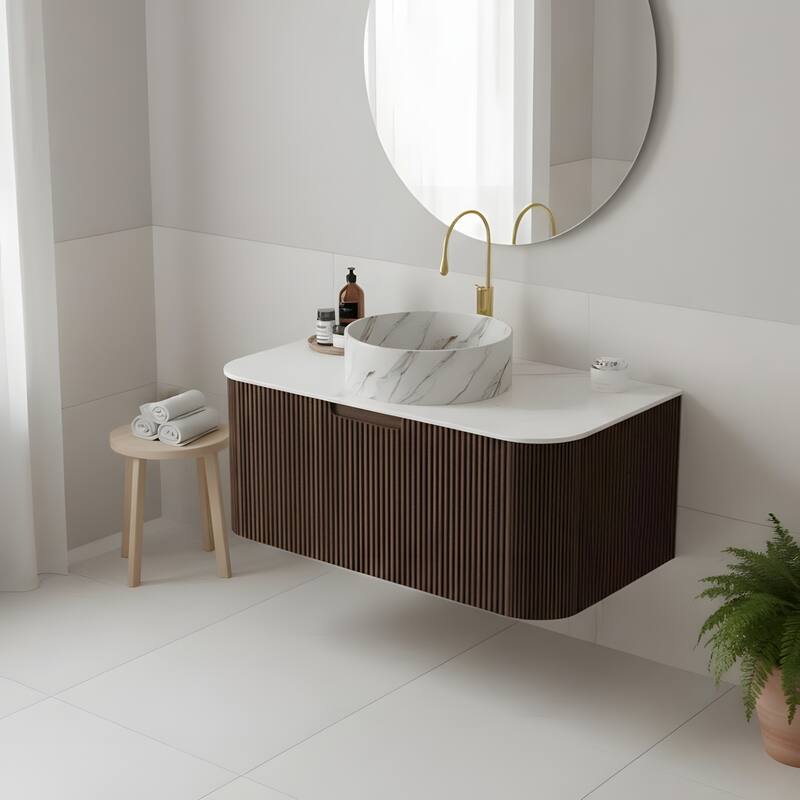Floating Bathroom with Round Ceramic Basin and Storage Drawer