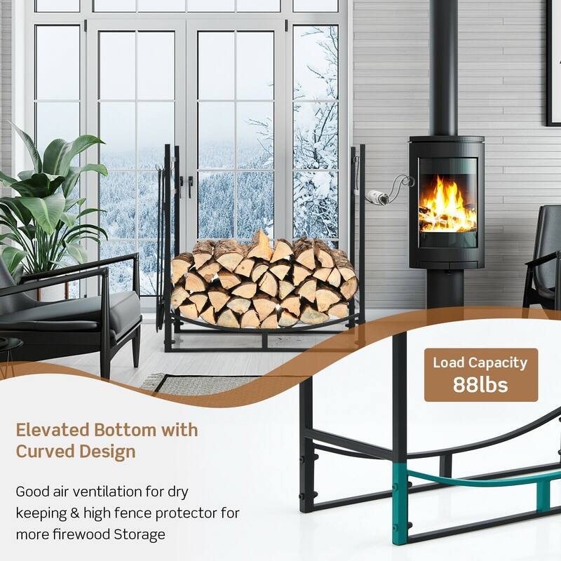 Black Steel Firewood Rack with Kindling Holder and 4-Piece Tool Set Heavy-Duty Fireplace Organizer - 30" x 13" x 30" (L x W x H)