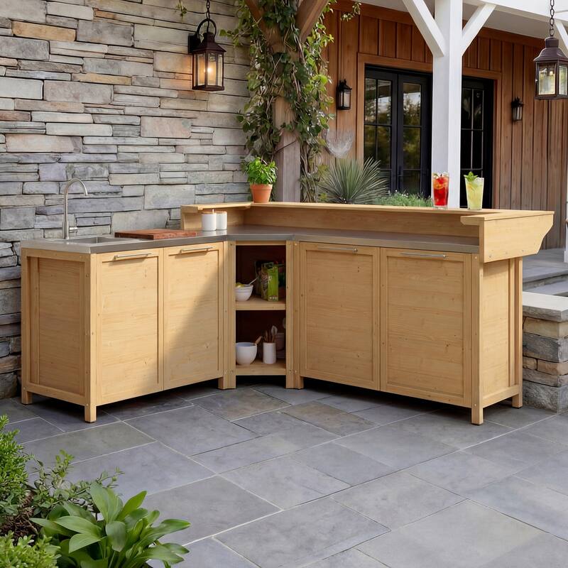 Modular Outdoor Kitchen Island Set, 100% Solid Wood BBQ Cabinet , Patio Kitchen Bar Table