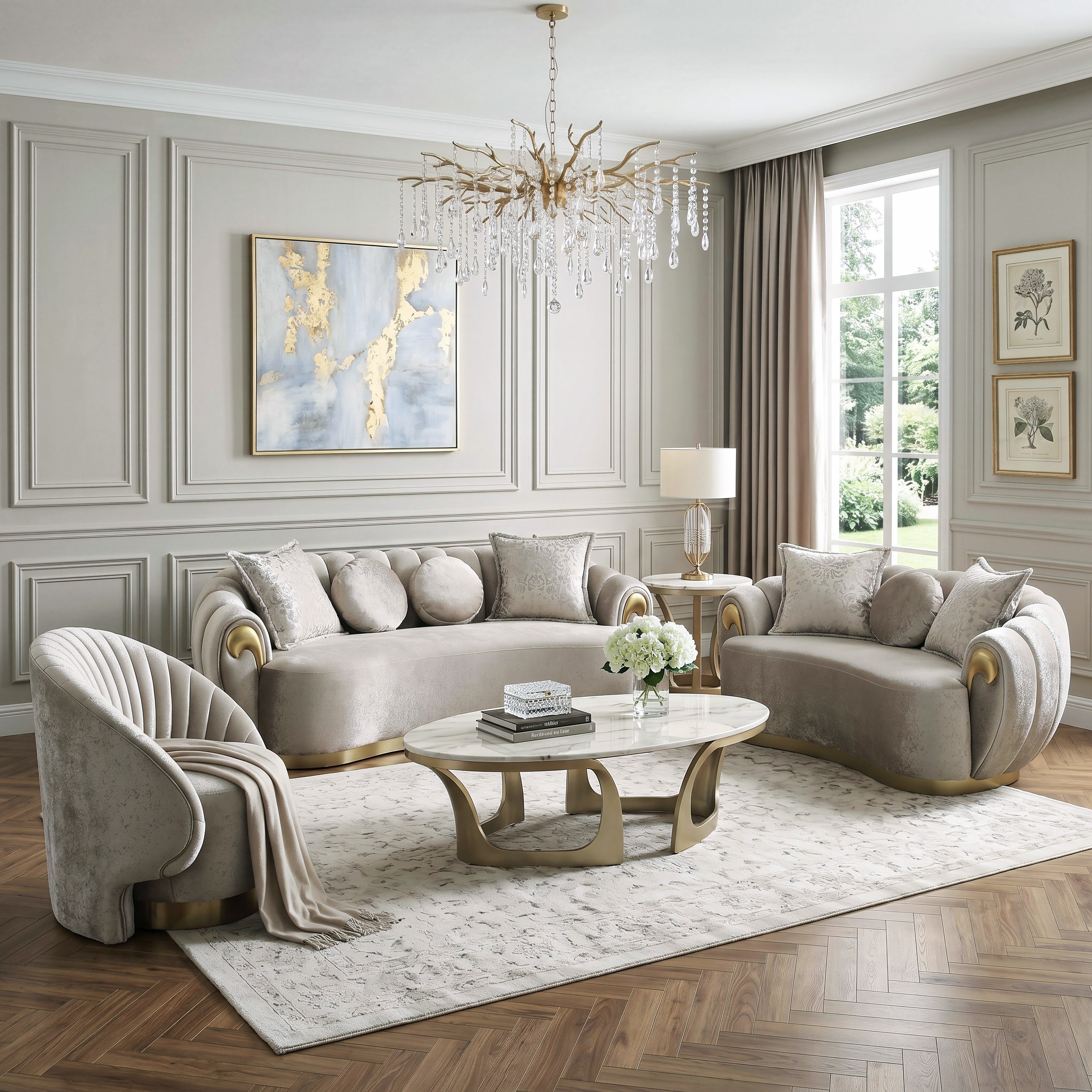Furniture of America Vesper Glam 3-Piece Metallic Taupe Curved Back Sofa Set with Accent Pillows