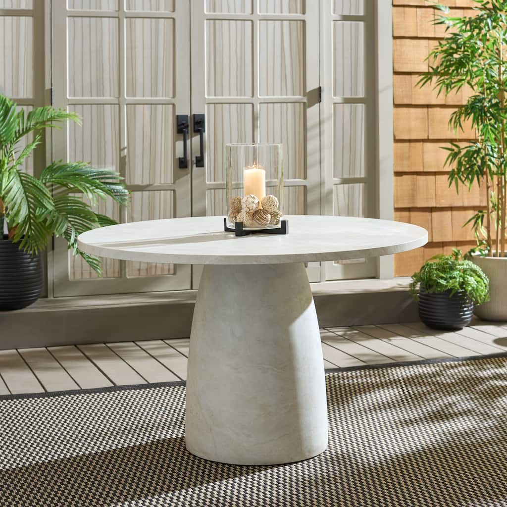 SAFAVIEH Outdoor Patio Furniture Tina Round Pedestal Dining Table, Weather Resistant Outdoor Table for Patio and Garden