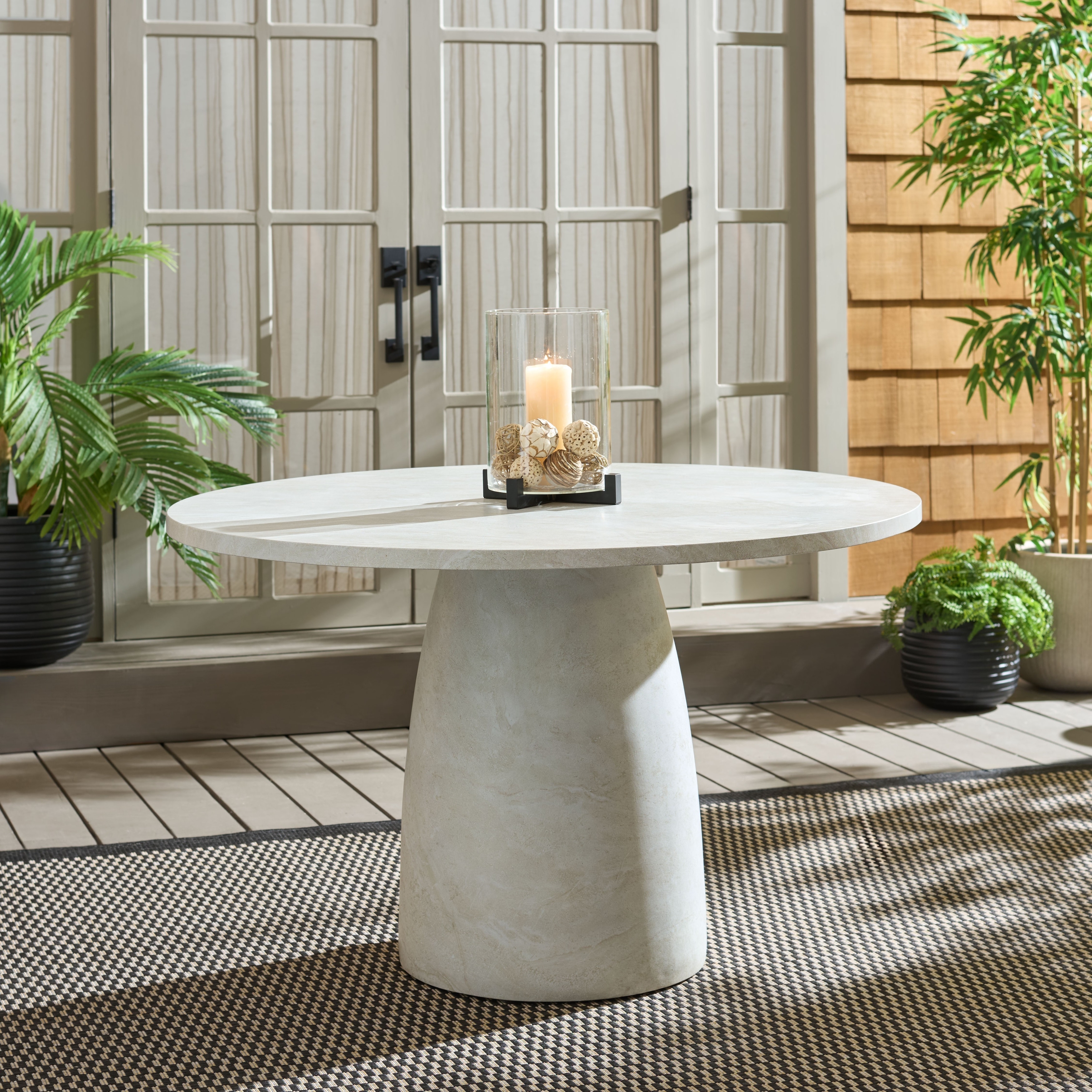 SAFAVIEH Outdoor Patio Furniture Tina Round Pedestal Dining Table, Weather Resistant Outdoor Table for Patio and Garden