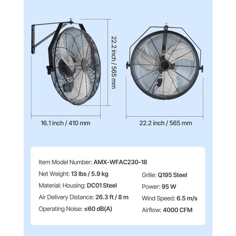18 Inch Industrial Wall Mount Fan 3 Speed 4000 CFM Garage Workshop Fan