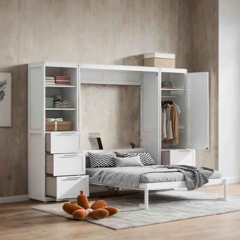Queen Size Wood Murphy Bed with Wardrobe,Drawers and Shelves