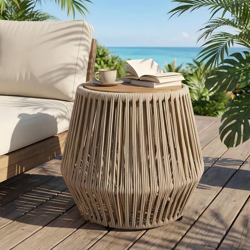Christopher Knight Home Marcellin Acacia Wood Side Table with Rope Woven Base - Beige+Light Teak